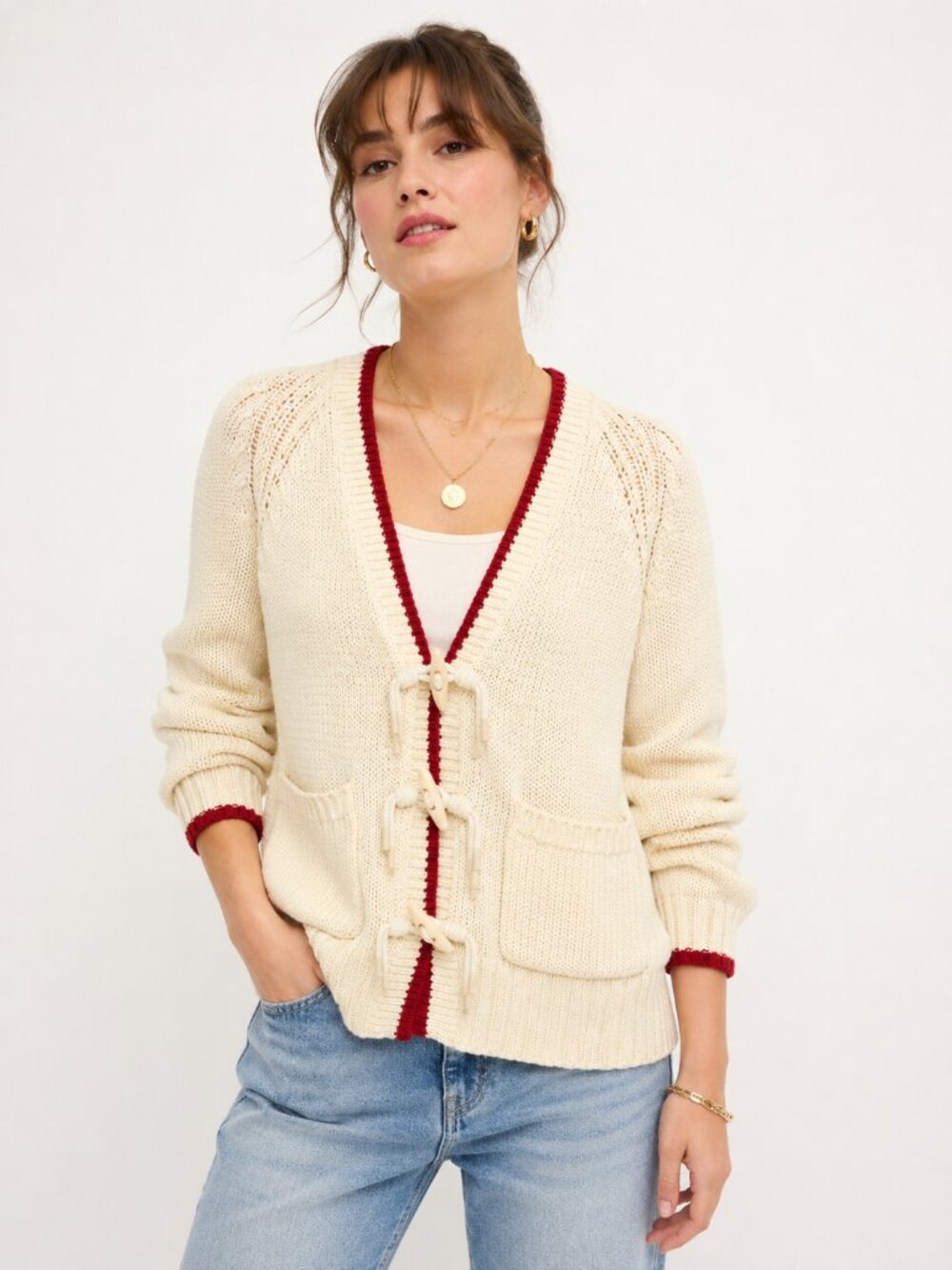 Avec Les Filles NWT Ivory Chunky Cotton Toggle Cardigan Rust Trim Pockets XS